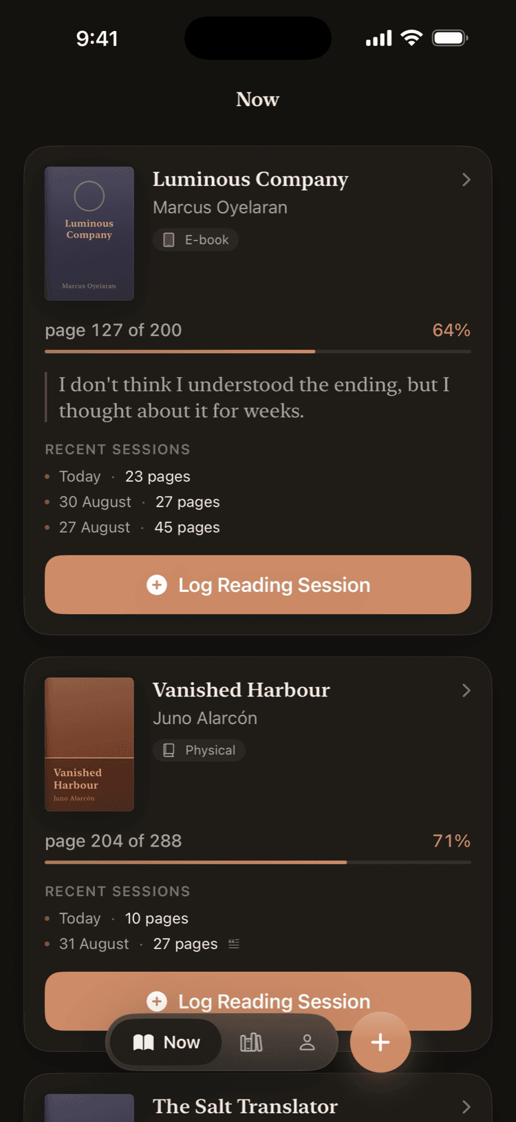 The Now screen, listing books in progress